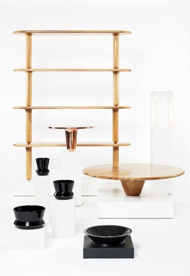 <p>Podium series by Nicolas Le Moigne with Enrique Illanez, Emil Meier, Matteo Gonet, Peter Fink and Lachat & Fils, 2010-2011. Limited edition furniture in wood, ceramic, stone, copper and glass. Photo courtesy of HELMRINDERKNECHT Gallery</p>