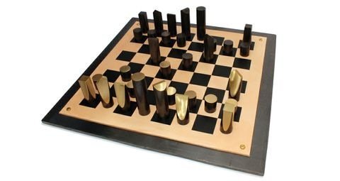 <p>Simon Hasan, Chess Set, 2012. Patinated Brass, Screen printed Leather, Hot rolled steel plate, brass fittings. 60 x 60 x 2 cms</p><p>Edition of 3 + 1 AP</p>