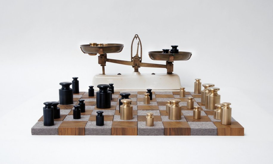 <p>Rolf Sachs, Weighing up the Competition chess set, 2012. Brass, enamel, teak, felt, vintage scales. </p><p>Edition of 1 + 1 AP</p>
